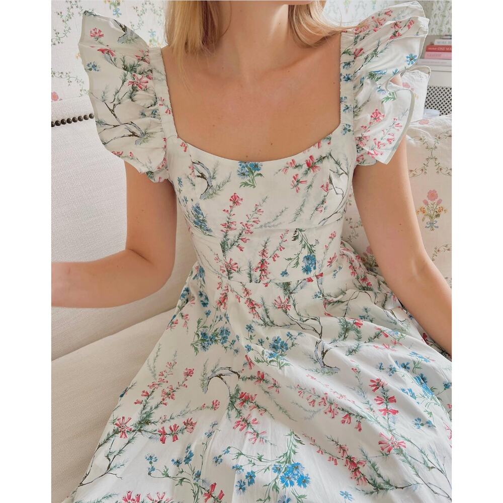 Hill House Home Daphne Midi Dress Spring Chintz White Floral Ruffle Easter XS